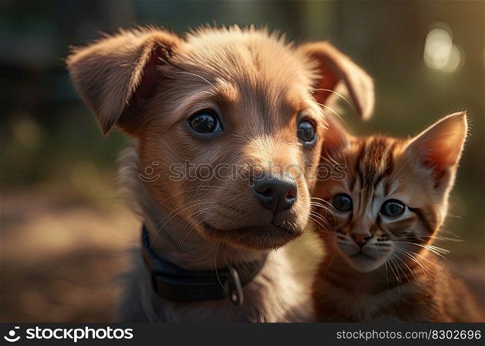 Friendship of puppy and kitten. Puppy and kitten together. The best friends. Generative AI
