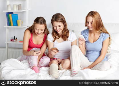 friendship, people, pajama party and technology concept - happy friends or teenage girls with smartphone at home