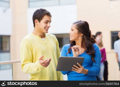 friendship, people, technology and education concept - group of smiling students with tablet pc computer outdoors