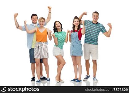 friendship, success and triumph concept - group of happy smiling friends making fist pump gesture over white background. happy friends making fist pump gesture