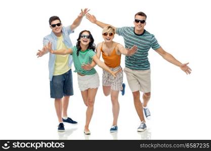 friendship, summer and people concept - group of happy smiling friends in sunglasses having fun over white background. friends in sunglasses having fun