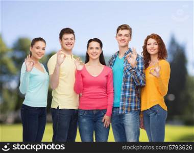 friendship, summer vacation, nature and people concept - group of smiling teenagers showing ok sign over green park background