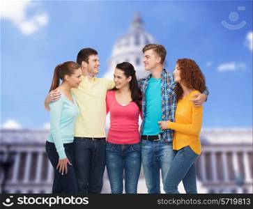 friendship, tourism, washington and people concept - group of smiling teenagers standing over white house background