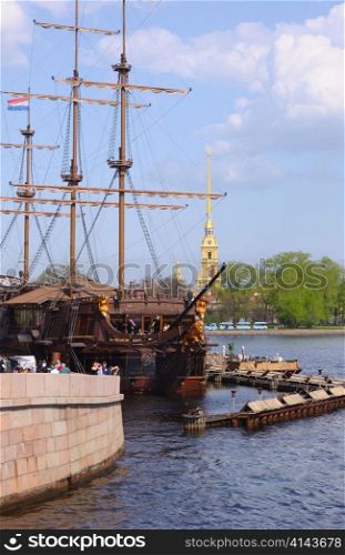 frigate near Peter and Paul cathedral in Saint-Petersburg Russia