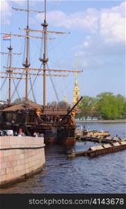frigate near Peter and Paul cathedral in Saint-Petersburg Russia