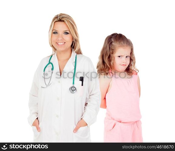 Frightened child with her pediatrician isolated on white background