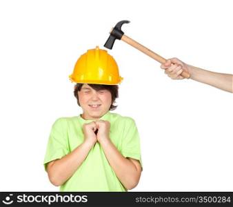 Frightened child with yellow helmet and hammer over a white background