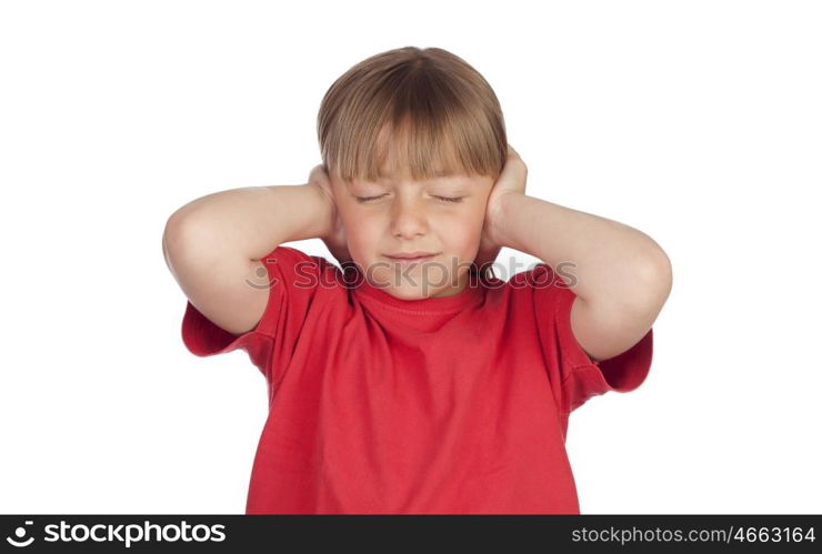 Frightened girl covering her ears isolated on white background