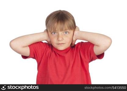 Frightened girl covering her ears isolated on white background