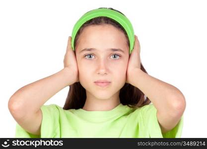 Frightened girl with ears plugged isolated on a white background