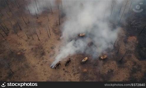 Frightened wild animals run, forest fire background, top view. Ecological catastrophy. Smoky nature, save the planet. AI generated.. Frightened wild animals run, forest fire background, top view. Ecological catastrophy. AI generated.