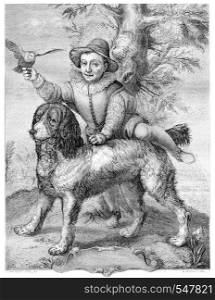 Frisius's son and the dog Goltzius, vintage engraved illustration. Magasin Pittoresque 1867.
