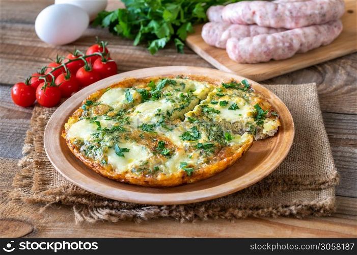 Frittata with ground meat and mozzarella on a plate