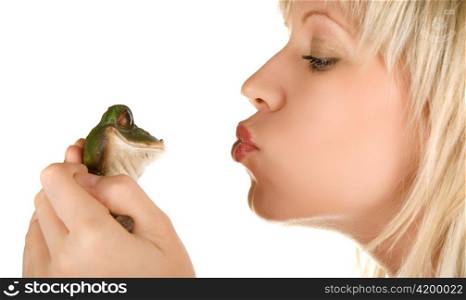 Frog prince being kissed by a beautiful blond girl
