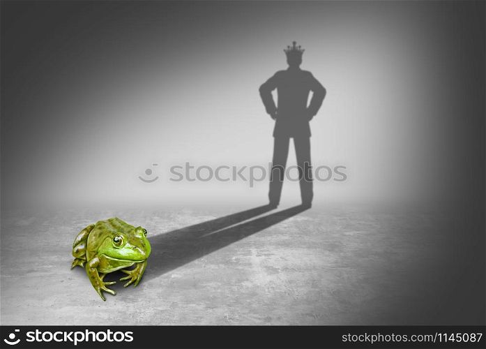 Frog prince casting a shadow of a royal prince charming wearing a gold crown representing the fairy tale concept of change and transformation from an amphibian to a young future king in a 3D illustration style.