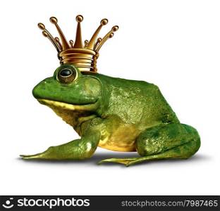 Frog prince side view concept with gold crown representing the fairy tale symbol of change and transformation from an amphibian to royalty.