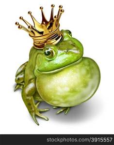 Frog prince with gold crown and an inflated throat representing the fairy tale concept of communication [change and transformation from an amphibian to royalty.