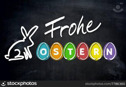 Frohe Ostern (in german happy easter) and easter bunny on blackboard.. Frohe Ostern (in german happy easter) and easter bunny on blackboard