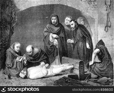 From 1841 Exhibition of painting, A Scene of the Inquisition, vintage engraved illustration. Magasin Pittoresque 1841.