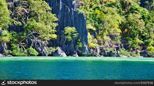 from a boat in philippines snake island near el nido palawan beautiful panorama coastline sea and rock