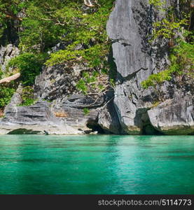 from a boat in philippines snake island near el nido palawan beautiful panorama coastline sea and rock