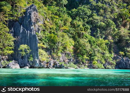 from a boat in philippines snake island near el nido palawan beautiful panorama coastline sea and rock