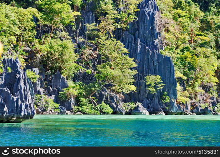 from a boat in philippines snake island near el nido palawan beautiful panorama coastline sea and rock