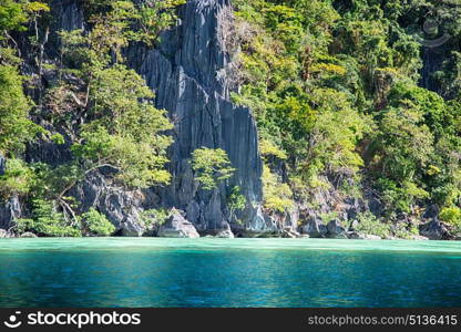 from a boat in philippines snake island near el nido palawan beautiful panorama coastline sea and rock