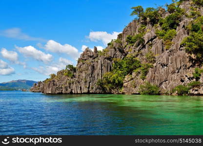 from a boat in philippines snake island near el nido palawan beautiful panorama coastline sea and rock