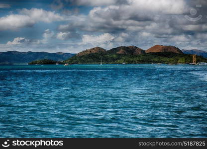 from a boat in philippines snake island near el nido palawan beautiful panorama coastline sea and rock