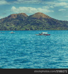 from a boat in philippines snake island near el nido palawan beautiful panorama coastline sea and rock