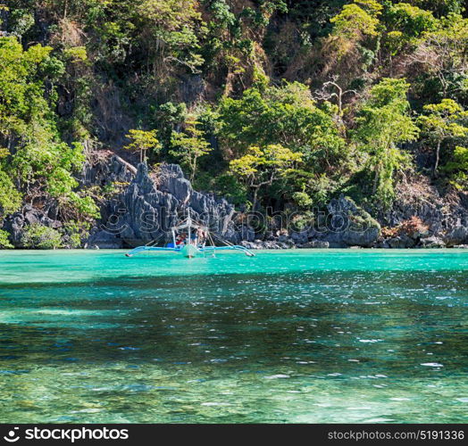 from a boat in philippines snake island near el nido palawan beautiful panorama coastline sea and rock