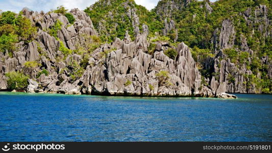 from a boat in philippines snake island near el nido palawan beautiful panorama coastline sea and rock