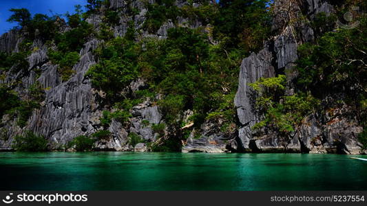 from a boat in philippines snake island near el nido palawan beautiful panorama coastline sea and rock