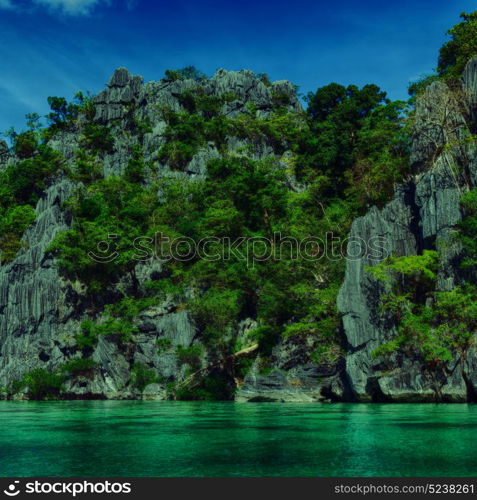 from a boat in philippines snake island near el nido palawan beautiful panorama coastline sea and rock