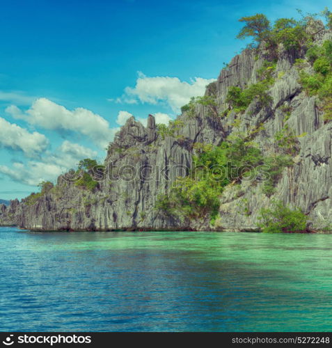 from a boat in philippines snake island near el nido palawan beautiful panorama coastline sea and rock