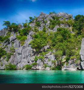 from a boat in philippines snake island near el nido palawan beautiful panorama coastline sea and rock