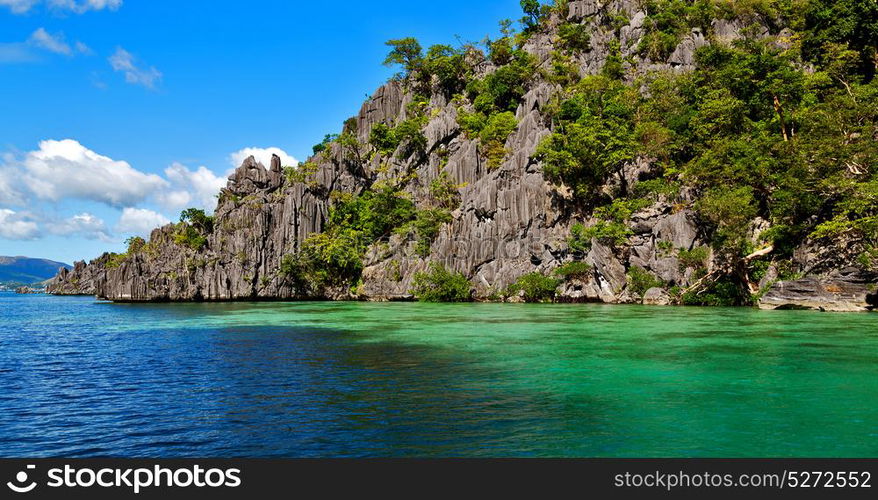 from a boat in philippines snake island near el nido palawan beautiful panorama coastline sea and rock