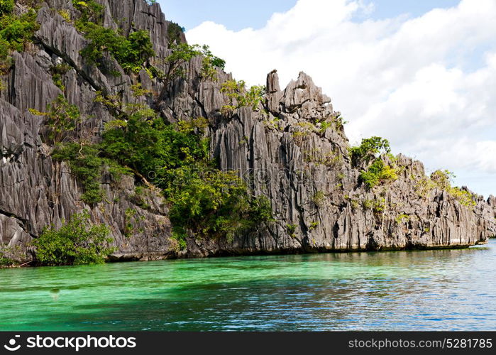 from a boat in philippines snake island near el nido palawan beautiful panorama coastline sea and rock