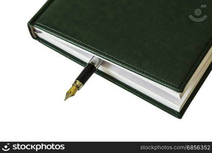 From a closed diary, you can see the fountain pen on a white background