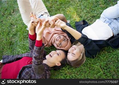 From above group of cheerful multiracial women holding hands together while lying on grassy lawn with raised arms in park. Joyful diverse women holding hands while lying on lawn