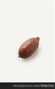 From above of minimalist composition of single whole pod of Theobroma cacao tree on white background. Single whole cocoa tree pod