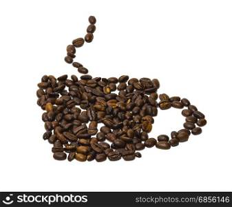 From coffee beans laid out on a white background silhouette of a cup of coffee