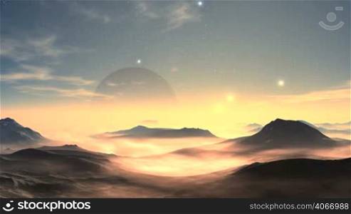 From glowing hazy horizon rises a large planet (moon) and the bright sun. On the blue sky bright stars and rare clouds. Over the mountains and hills alien planet floats a white fog.