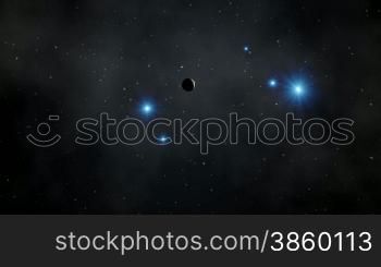 From the dark abyss of space flies planet. Swirling around her bright blue objects (UFOs). Planet approaches and UFOs fly. The stars in the sky and the pale nebula.