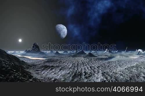 From the depths of space appears a large planet and flies over the fantastic landscape of alien planet. Hills, rocks, foggy lakes are lit by the bright light of the distant sun. In the dark sky, bright stars and blue nebulae.