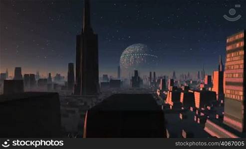 From the depths of space is approaching a huge spherical UFO. On it glowing lights. UFO approaching the alien city, consisting of various buildings. City in the morning mist. Sunrise colors of the buildings in pink, others remain in the shadows. Above the horizon haze and pink glow. The camera quickly flies over the city towards the UFO.