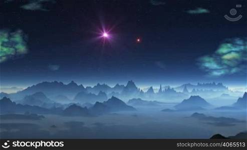 From the depths of the cosmos fly two bright glowing object (UFO) and flying over the landscape of the planet of aliens. The sky colored nebulae and bright stars. Under these low mountains, rocks, hills and lakes covered with blue mist. Over the horizon a white glowing fog.