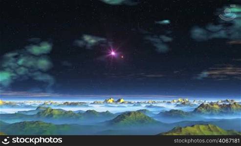 From the depths of the dark starry sky two stars fly out (UFO) and fly over the desert landscape. Nebulae in the sky and scattered clouds. In the lowlands of the mountains thick white fog.