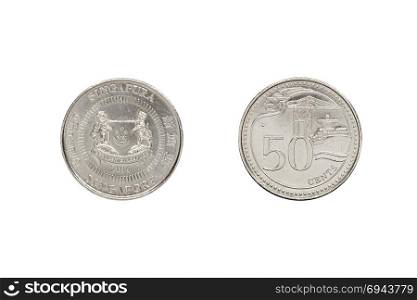 Front and back of Singapore coin 50 cent with clipping path.
